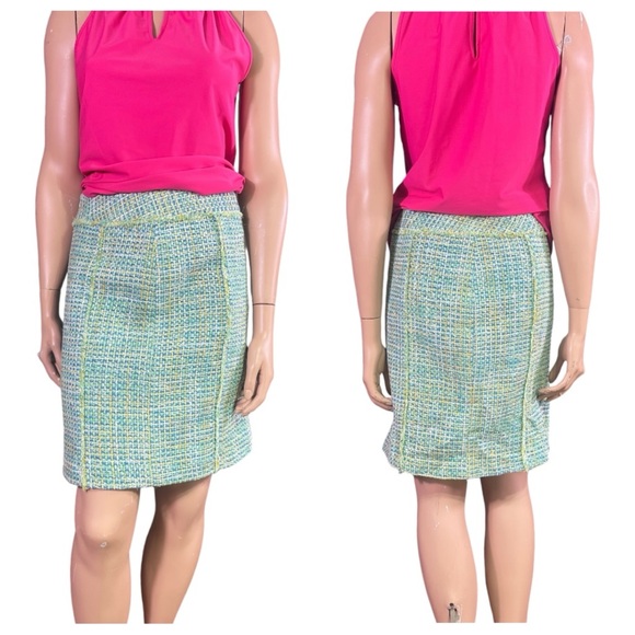 J McLaughlin Tweed Fringe Silk Blend Pencil Skirt - Green / Blue / Yellow - Picture 3 of 9